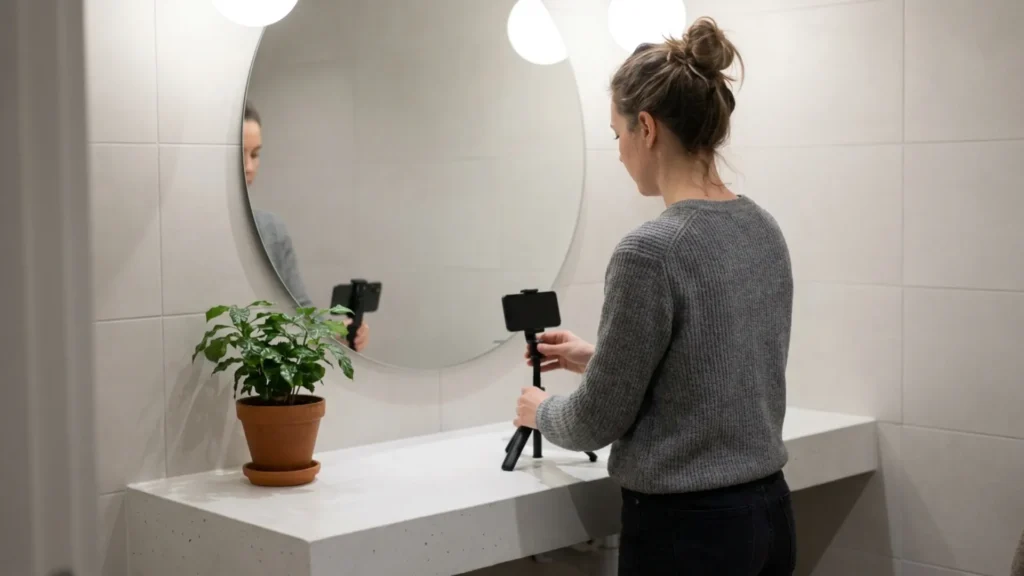 Setting up a phone tripod in front of a mirror for a monthly hair photo