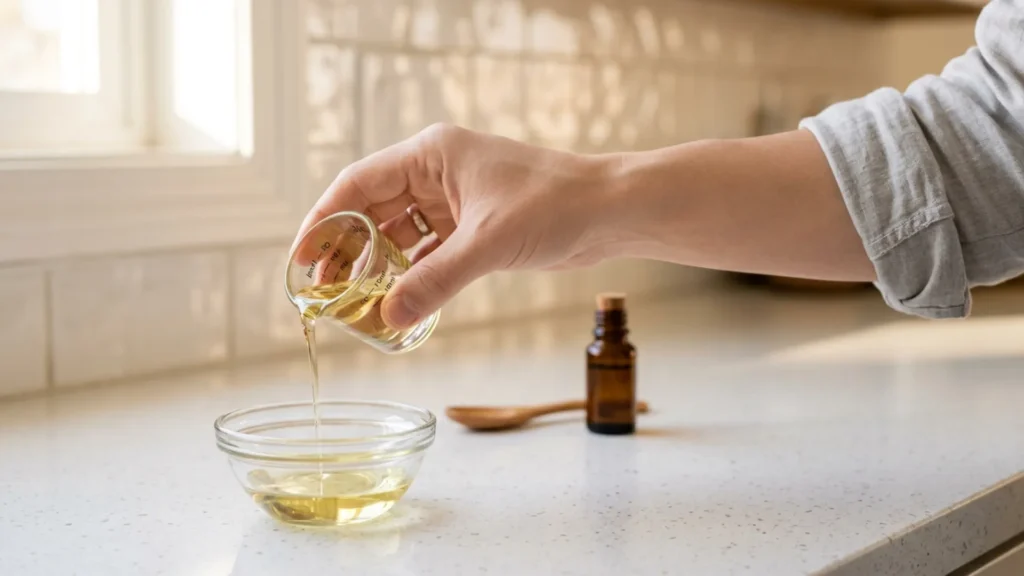 Hand pouring carrier oil into a glass bowl to make hair oil