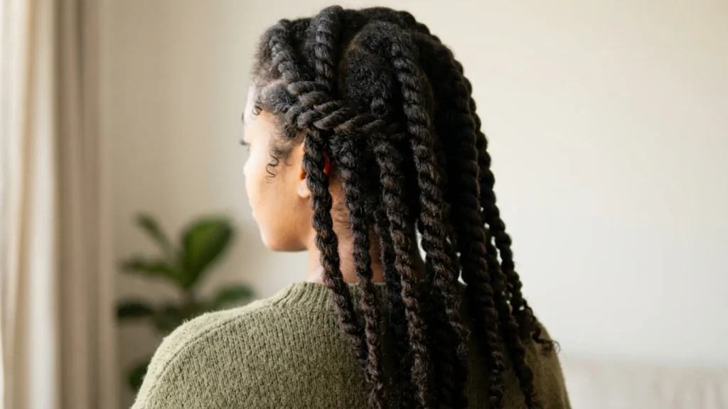 Back view of long natural hair in a gentle loose two-strand twist protective style