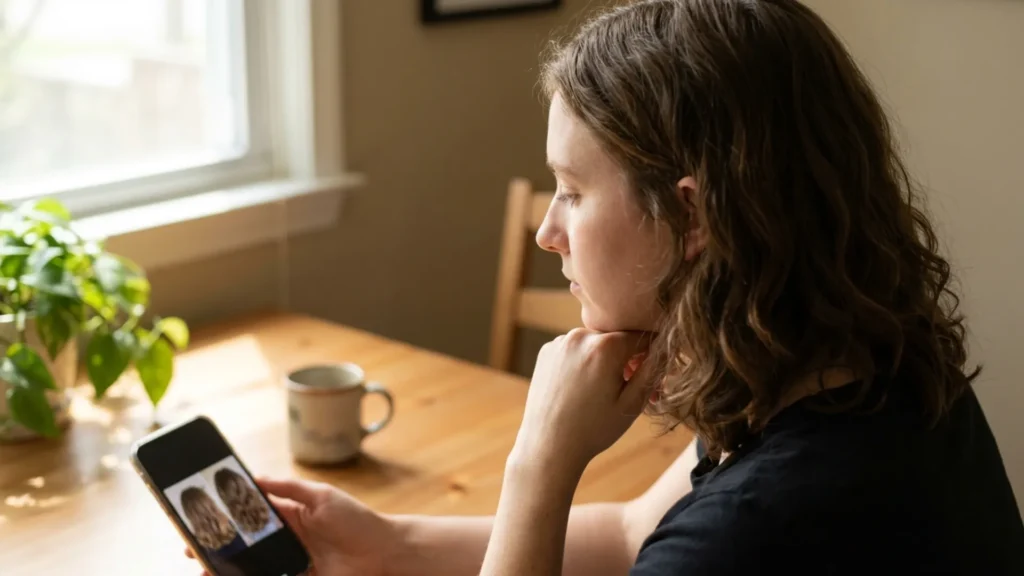 Person comparing two hair progress photos on a phone