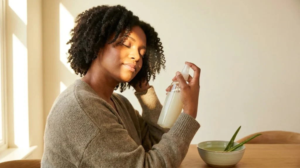 Rice water and aloe leave-in spray applied to natural hair