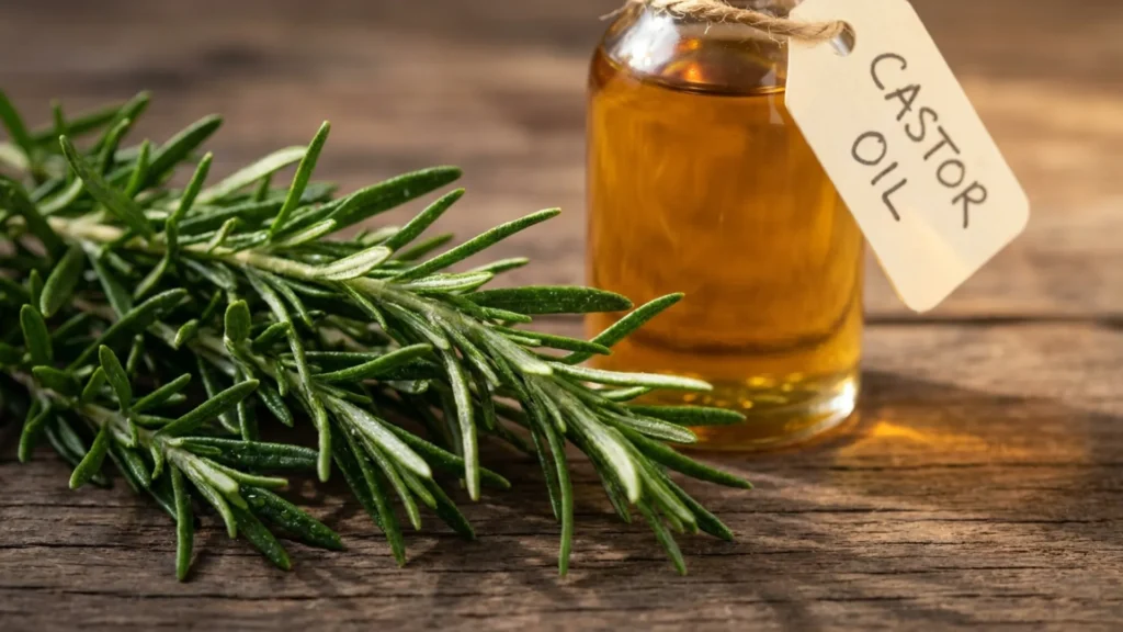 Fresh rosemary sprigs beside a bottle of castor oil on a wood surface