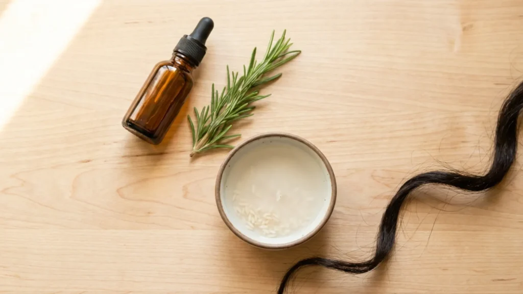 Rosemary oil and rice water ingredients used for hair growth