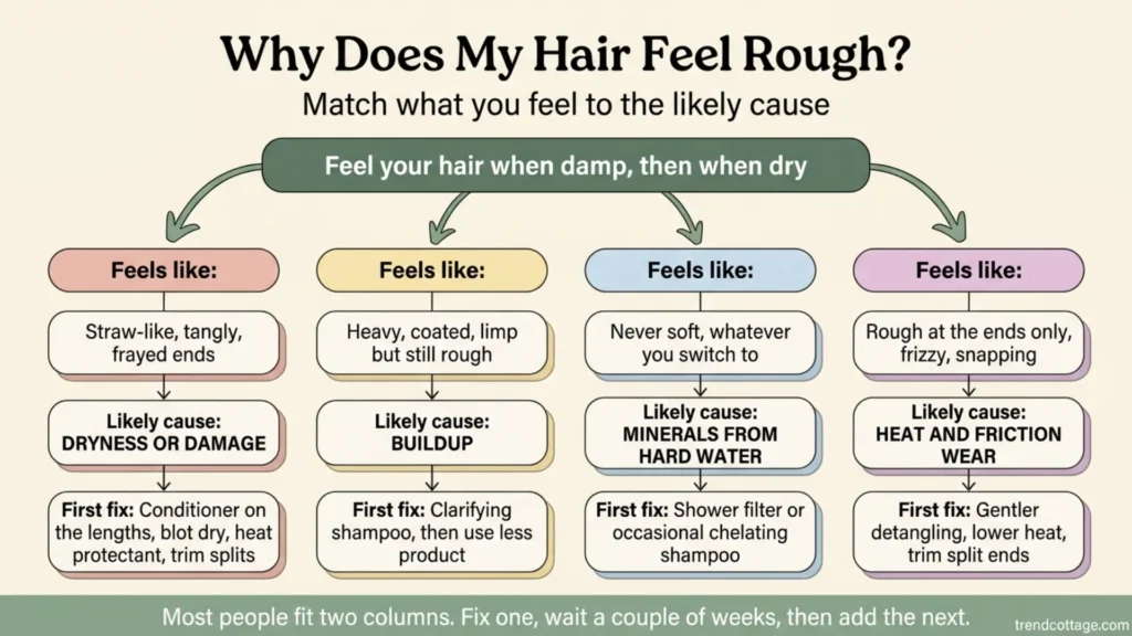 Chart matching four rough hair textures to their likely causes and first fixes