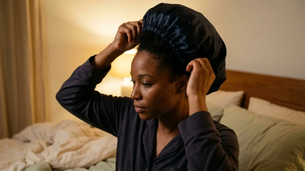Woman sliding a satin bonnet over a pineapple as part of a nightly hair care routine