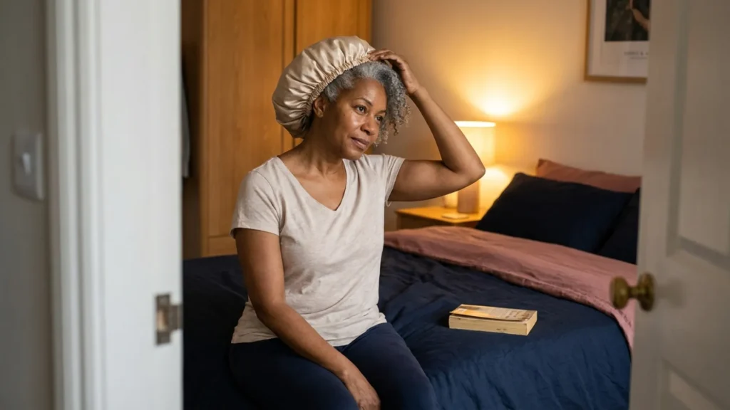 Woman with silver coily hair adjusting a satin bonnet before bed