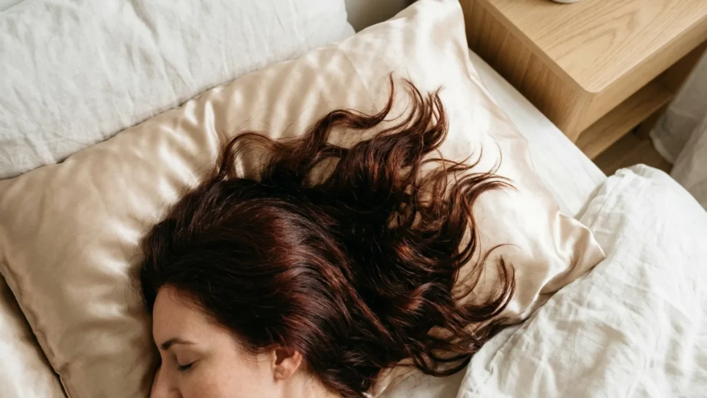 Long auburn hair spread across a satin pillowcase seen from above