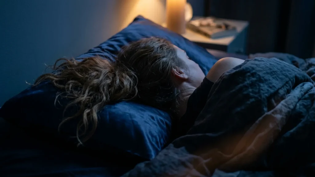 Person sleeping on a satin pillowcase to reduce hair frizz overnight