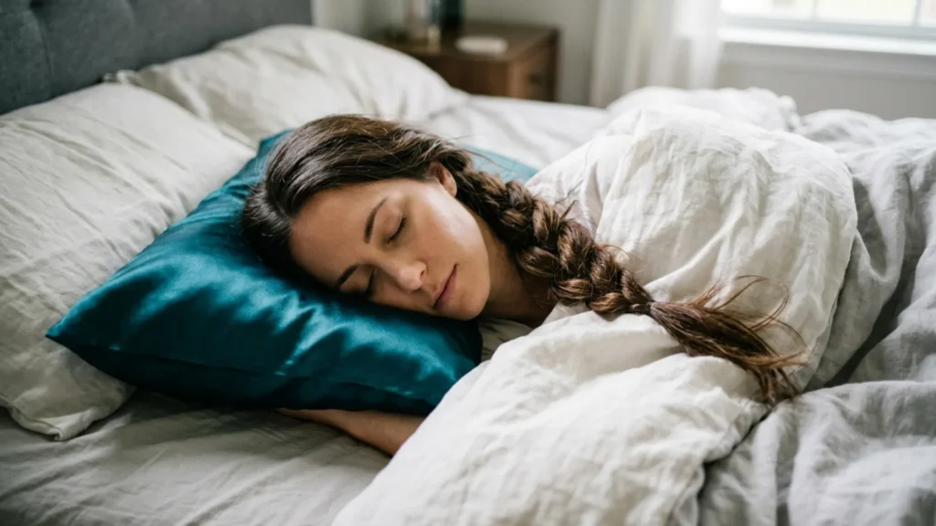 Woman with braided hair sleeping on a jewel-toned satin pillowcase to prevent breakage between wash days
