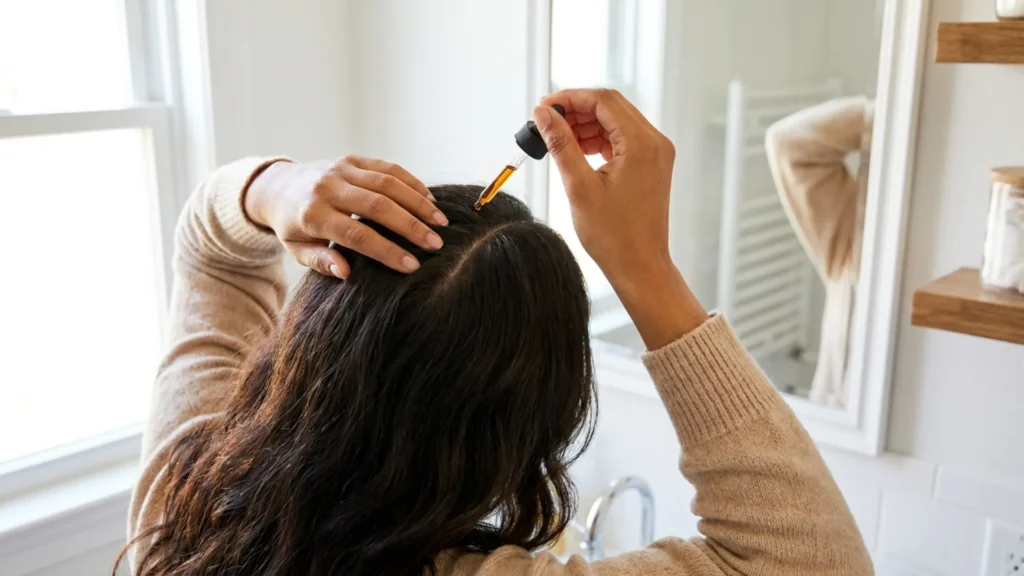 Person applying hair oil directly to a parted section of the scalp