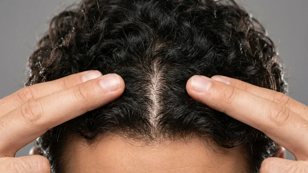 Close-up of a hair part showing healthy scalp and hair roots