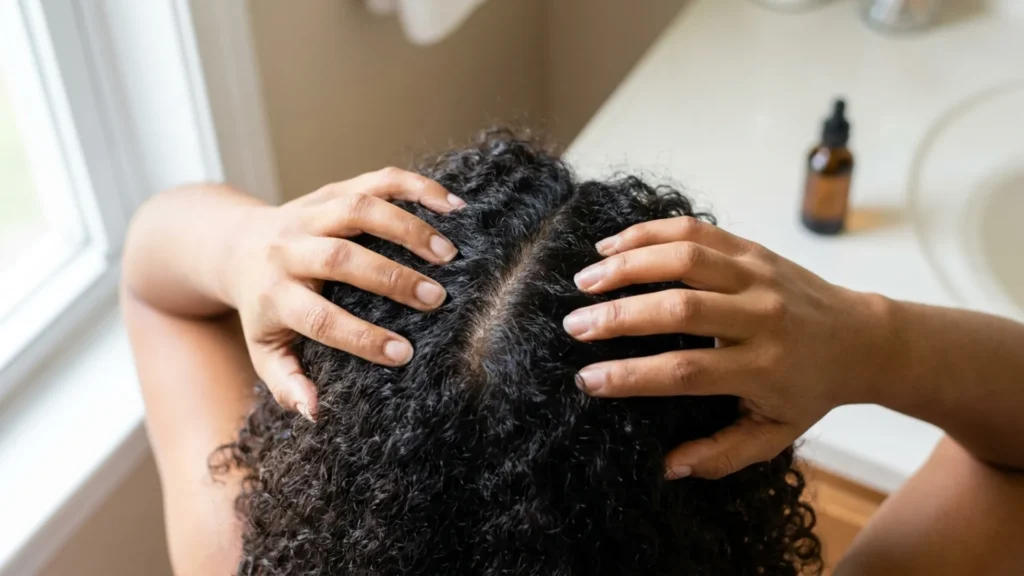 Hands massaging the scalp to support hair growth