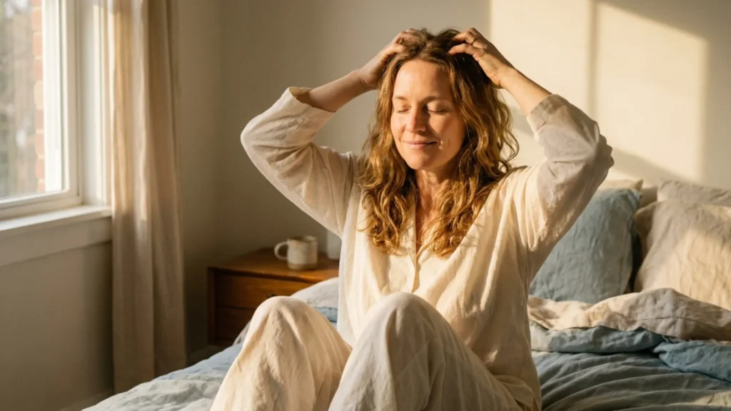 Woman giving herself a scalp massage while seated on a bed