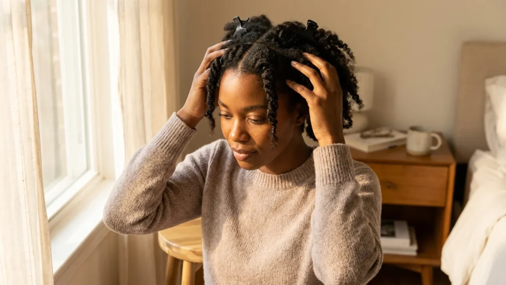 Black woman massaging her scalp with both hands, natural hair loosely sectioned, seated by window