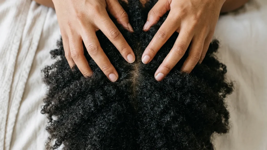 Overhead close-up of hands performing scalp massage on thick coiled dark hair against a white background