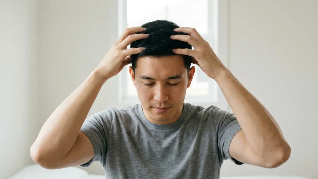 Man performing a scalp massage with fingertips spread across short dark hair