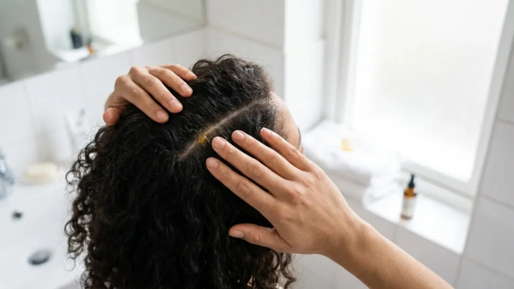 Hands massaging oil into the scalp as part of a weekly hair routine