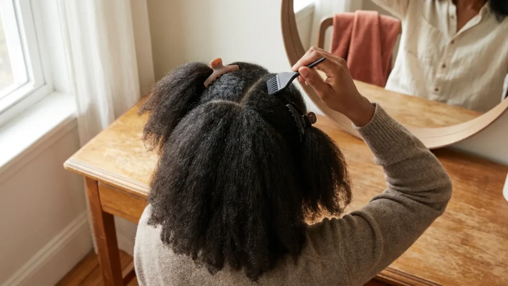 Sectioned hair with an applicator brush during an oil routine