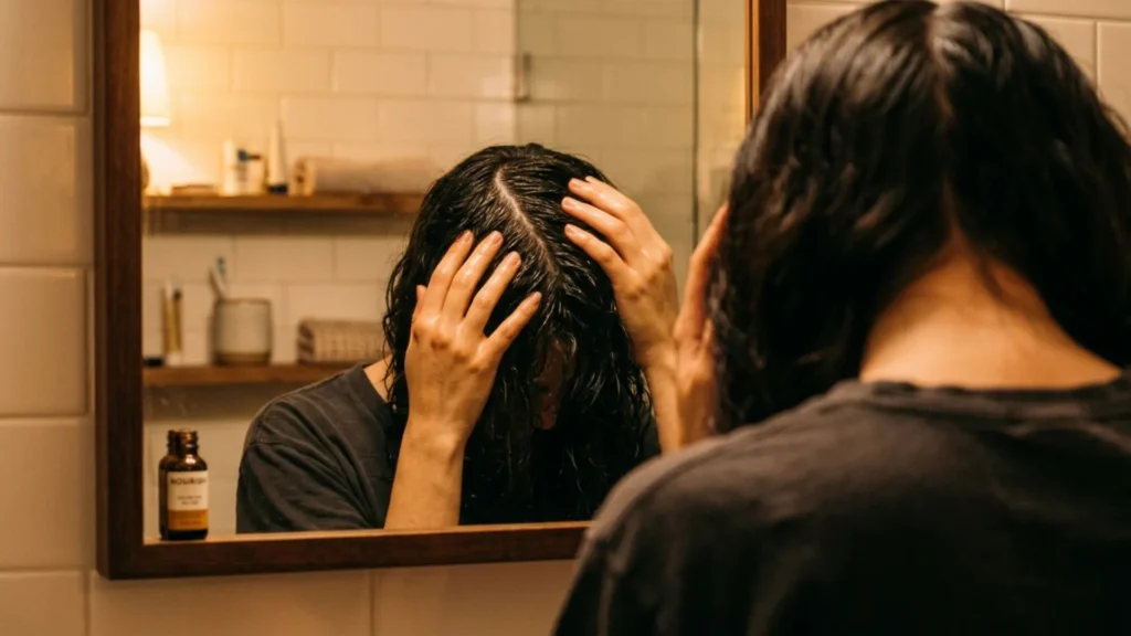 Hand applying oil to the scalp, seen in a bathroom mirror reflection