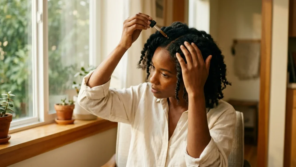 Woman with natural coils applying a dropper-bottle serum directly to a parted section of scalp