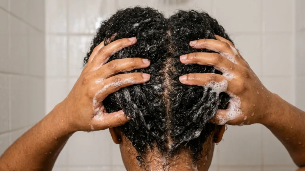 Close-up of hands massaging foamy shampoo into the scalp during a wash day routine