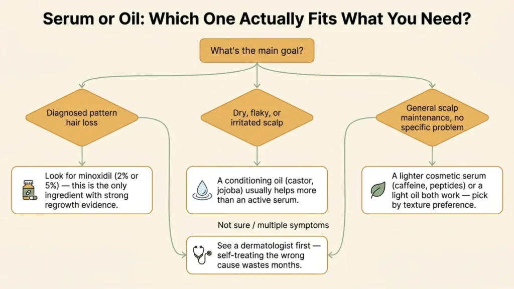 Decision flowchart for choosing between hair growth serum and oil