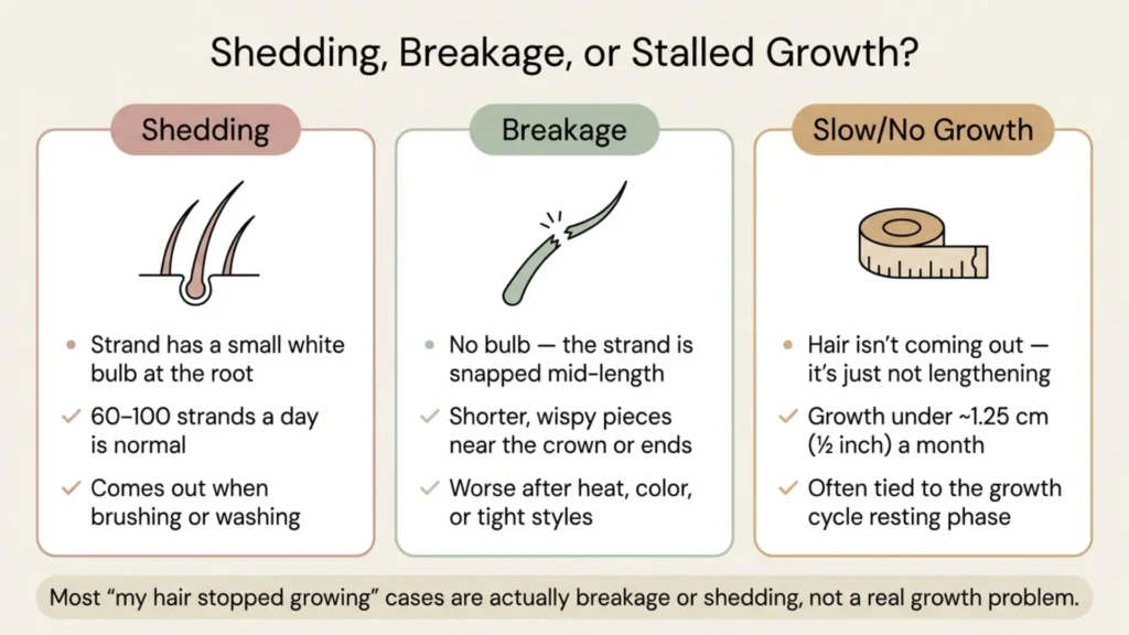 Natural hair growth comparison chart of shedding, breakage, and stalled growth