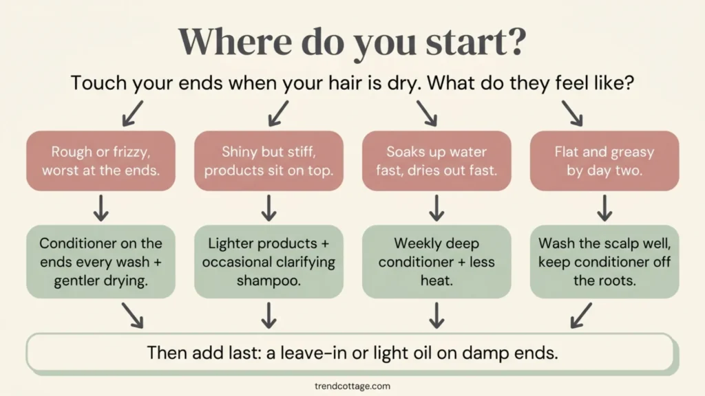 Decision flow chart for a hair care routine for silky hair, sorted by hair symptom