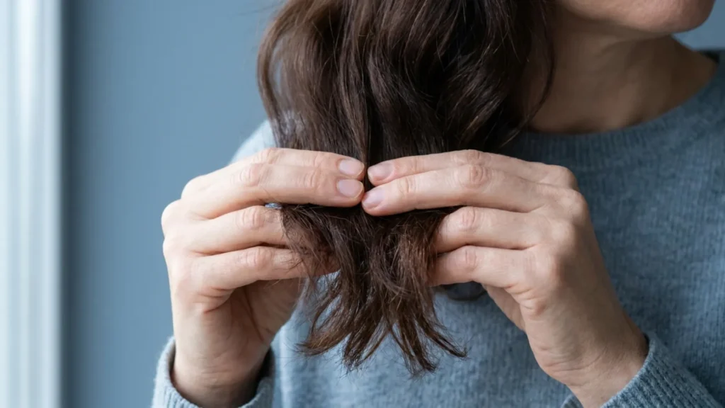 Close-up of hands holding smooth hair lengths beside slightly rougher ends