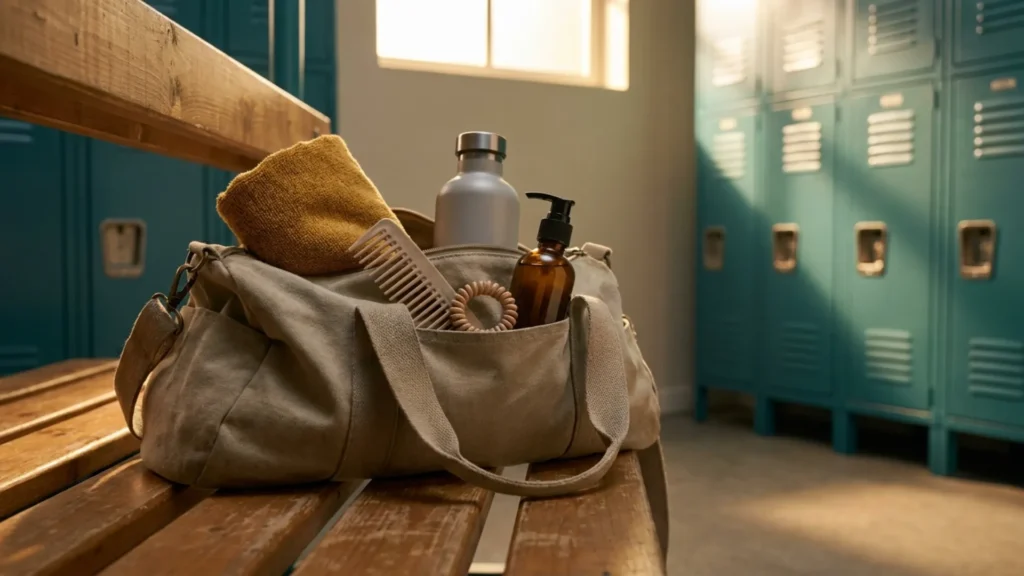 Sports bag on a locker room bench holding a comb, hair ties, towel and leave-in