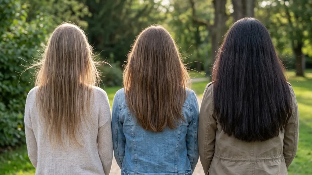 Three women with different straight hair densities standing outdoors