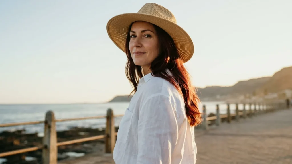 Woman in a wide-brimmed straw hat with burgundy-brown hair on a seaside walk at golden hour