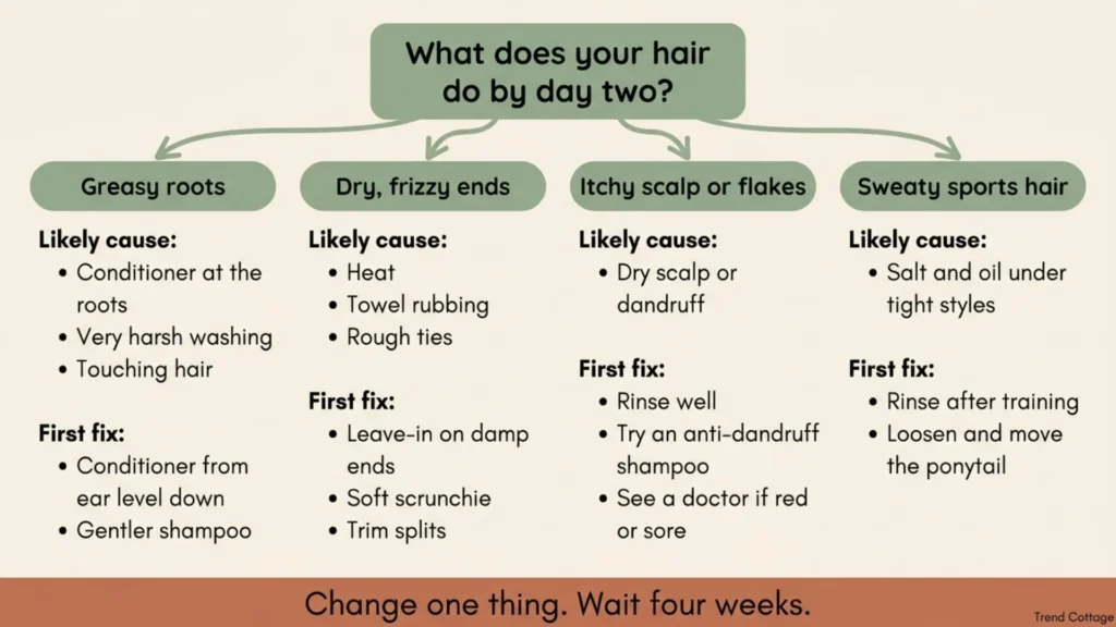 Flow chart matching four common teen hair problems to their likely cause and first fix