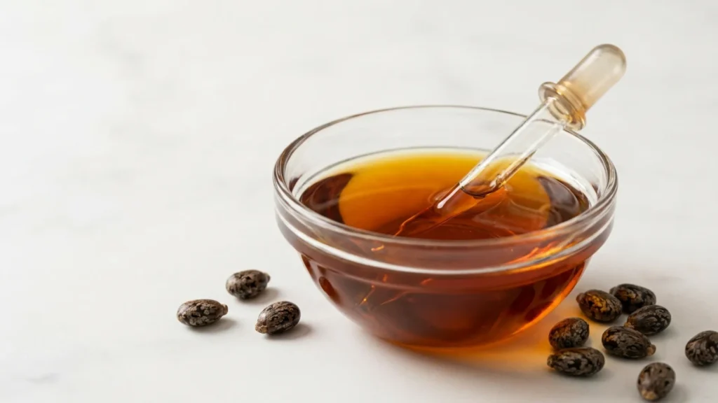 Thick amber castor oil in a glass bowl beside raw castor seeds showing the oil's distinctive dense texture