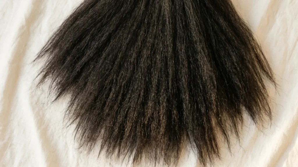 Dense dark hair strands spread out on white linen — a close study of thick hair texture