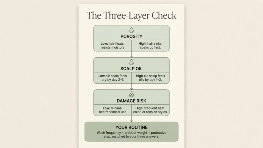 Diagram showing the three-layer check: porosity, scalp oil, and damage risk