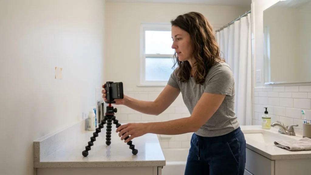 Setting up a phone tripod for consistent hair progress photos
