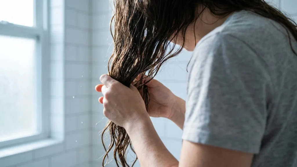 Hands squeezing water from long wavy hair with a soft cotton T-shirt after washing