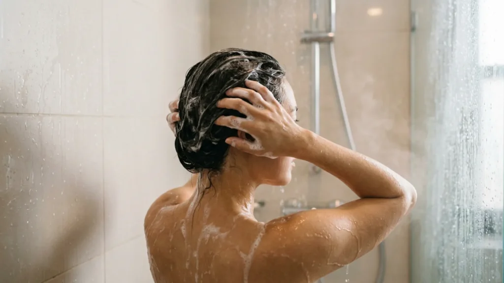 Person washing hair in the shower with shampoo focused at the scalp