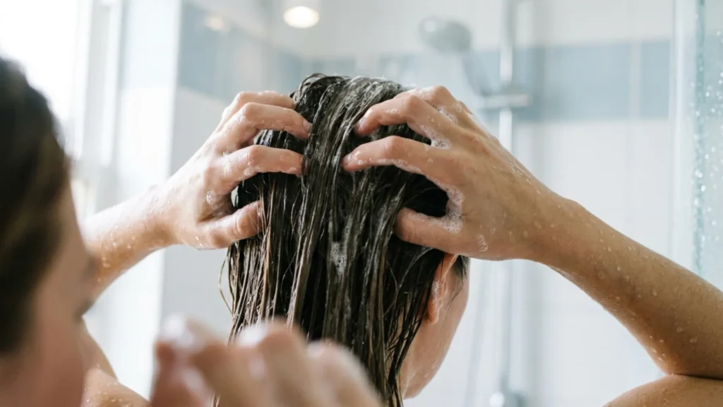 Hands massaging shampoo into wet straight hair at the scalp
