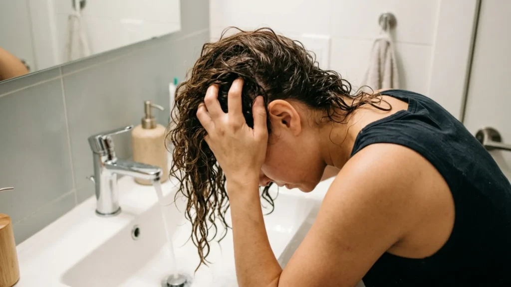 Woman applying shampoo at the scalp only to avoid stripping dry frizzy hair lengths