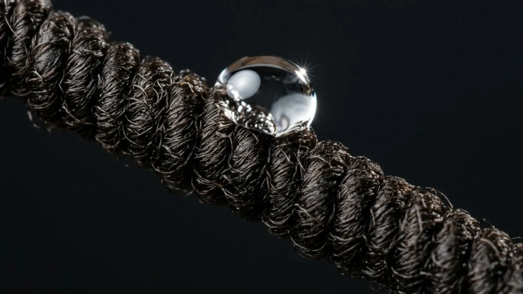 Macro close-up of a water droplet beading on a coily hair strand showing low porosity cuticle resistance