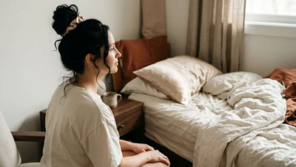 Woman with long black wavy hair in a loose top knot beside a satin pillowcase