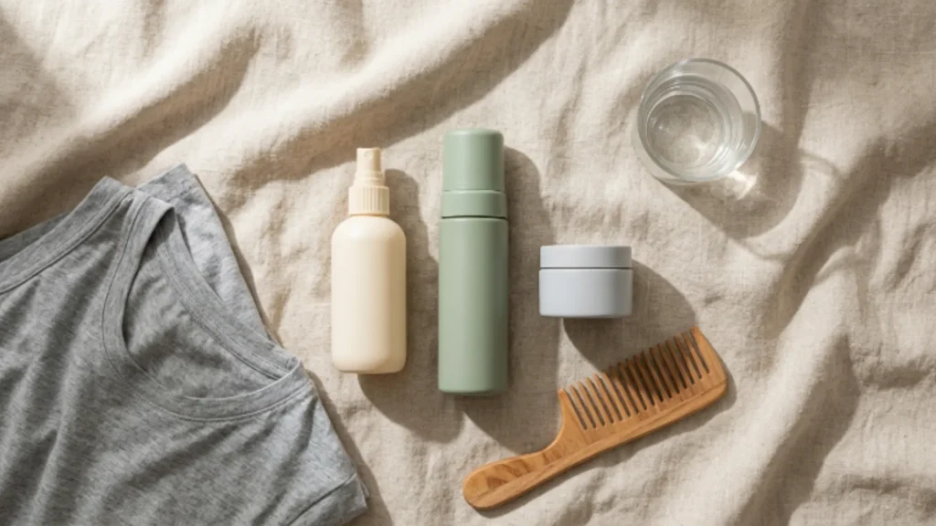 Flat lay of an unlabelled leave-in spray, foam and gel beside a comb and cotton t-shirt