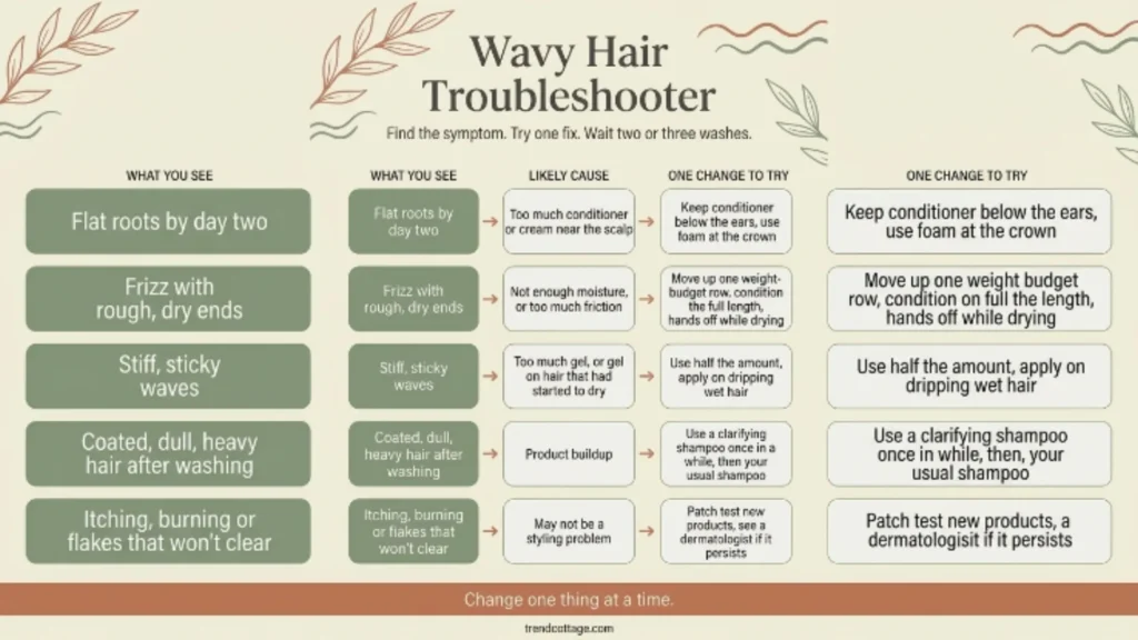 Chart matching common wavy hair problems to likely causes and one fix to try