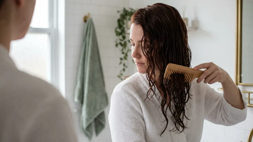 Woman detangling wet wavy hair with a wide-tooth comb in a bright bathroom