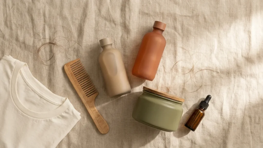 Flat lay of unlabelled hair bottles, a jar, a dropper bottle and a wooden comb on linen