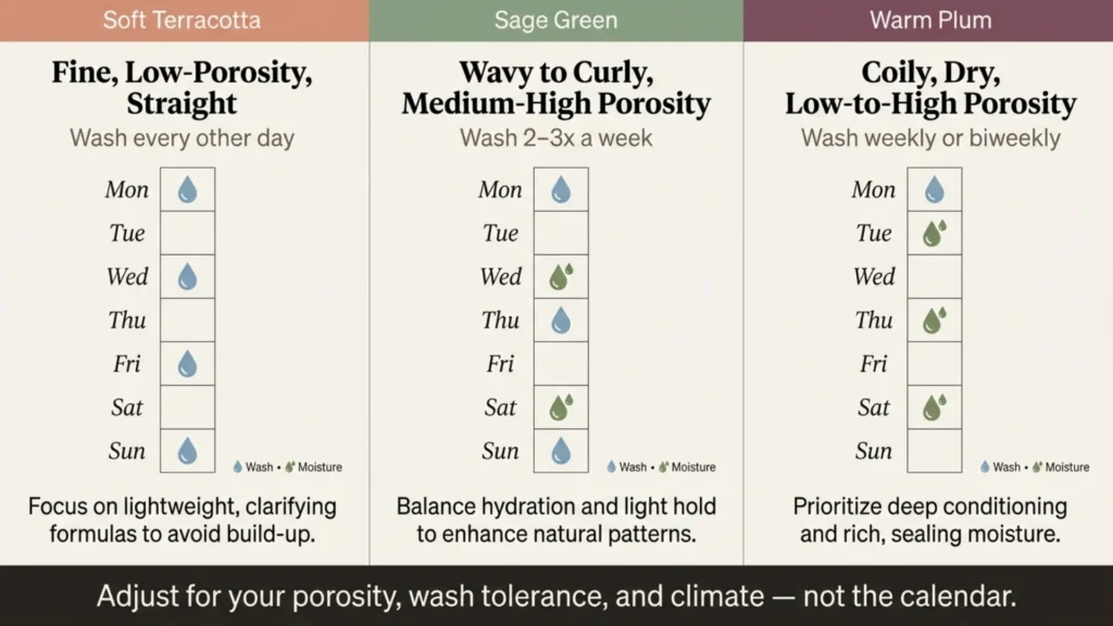 Weekly hair care routine tips comparison chart for fine, curly, and coily hair