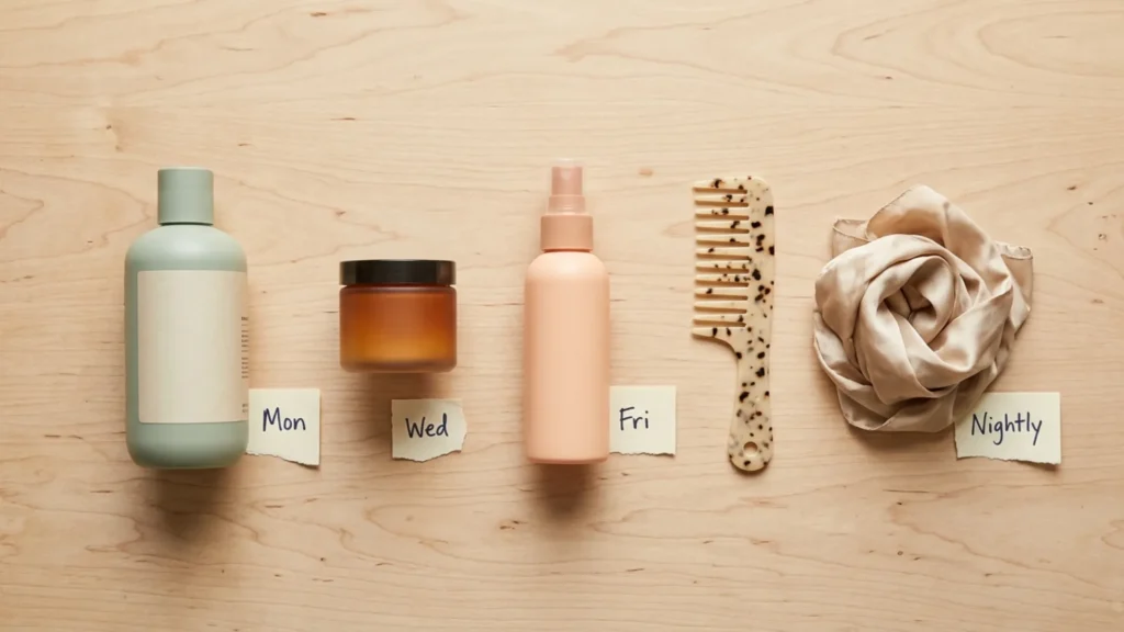 Flat lay of hair care products arranged for a flexible weekly routine