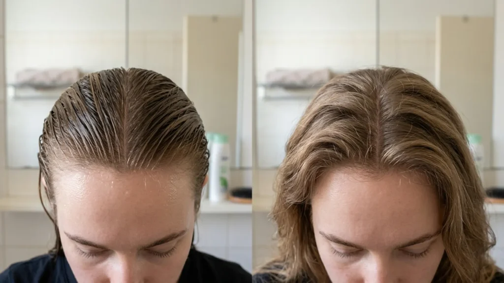 Wet hair versus dry hair showing different scalp visibility